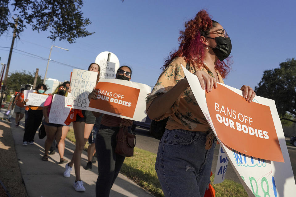 Image: Abortion-rights supporters gather to protest Texas Senate Bill 8 in front of Edinburg City Hall on Sept. 1, 2021, in Edinburg, Texas. (Joel Martinez / The Monitor via AP)
