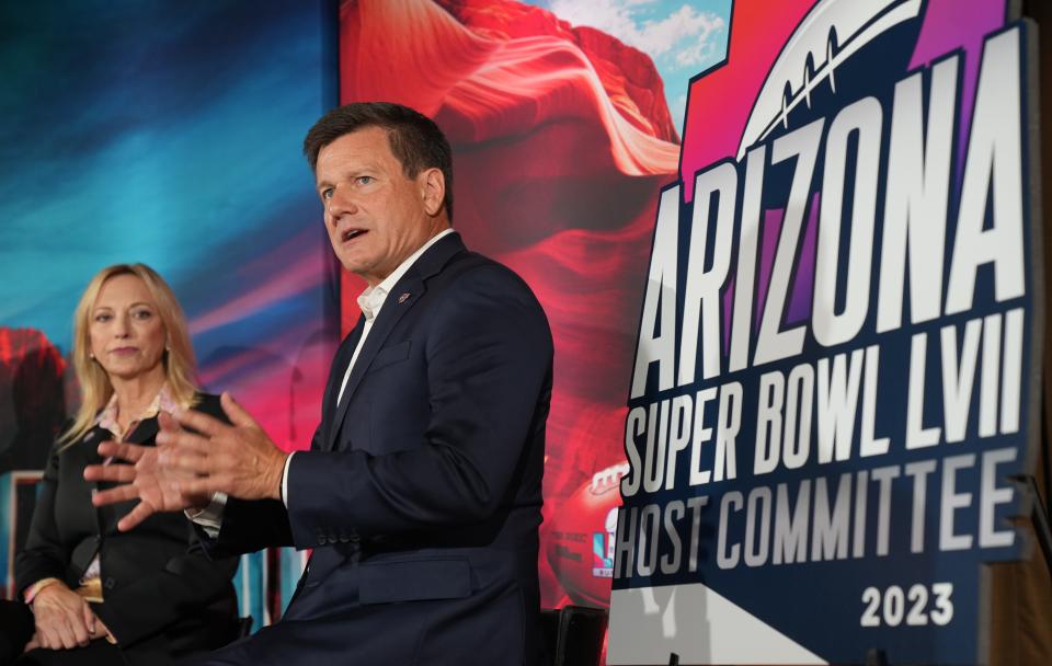 Arizona Cardinals President Michael Bidwill, right, and Arizona Super Bowl Host Committee Jay Parry speak during a news conference for Super Bowl LVII at the Arizona Biltmore on Wednesday, Oct. 26, 2022. 