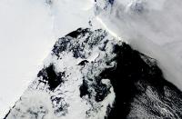 This satellite image provided by NASA, Aqua MODIS 21 on March 2022 shows the two pieces of C-38 (A and B icebergs) next to the main piece of C-37 at the top. Scientists are concerned because an ice shelf the size of New York City collapsed in East Antarctica, an area that had long been thought to be stable. The collapse last week was the first time scientists have ever seen an ice shelf collapse in this cold area of Antarctica.(NASA via AP)