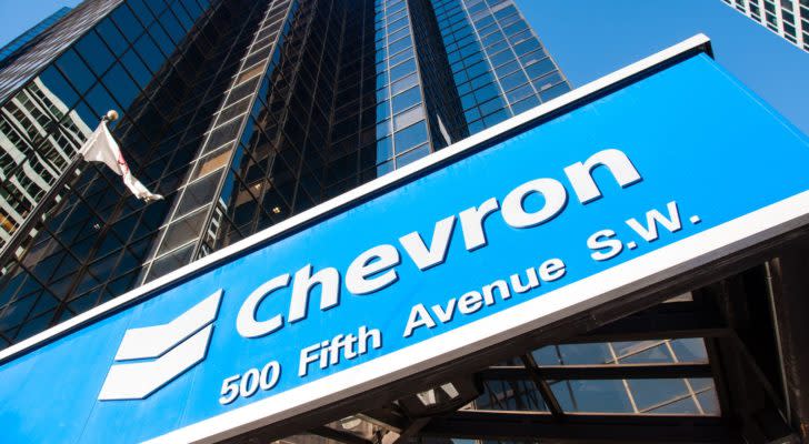 Chevron (CVX) logo on blue sign in front of skyscraper building