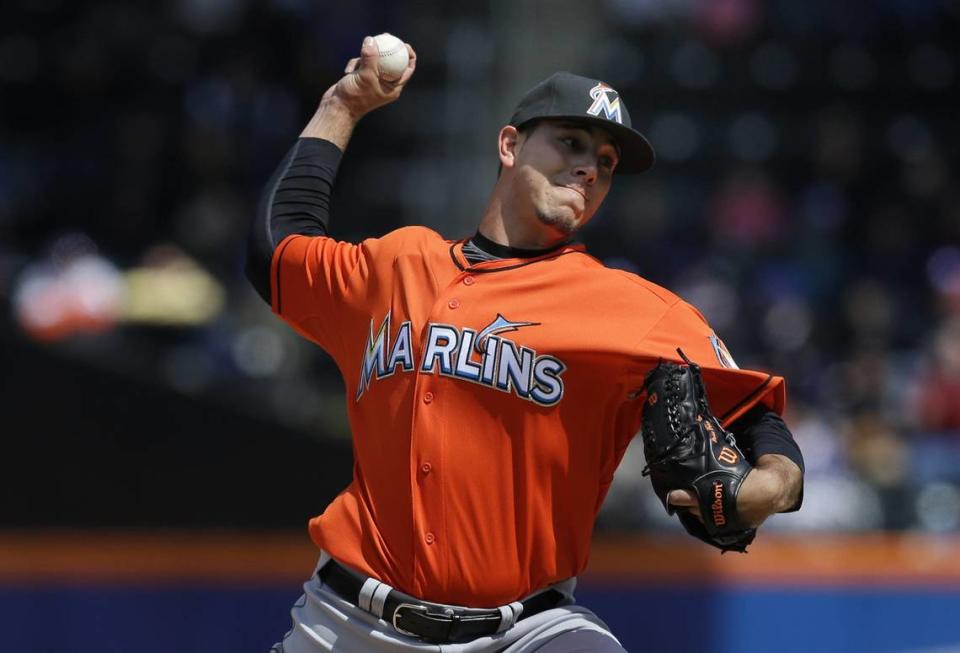 Miami Marlins starting pitcher Jose Fernandez pitches during the first inning of the baseball game against the New York Mets at Citi Field on Sunday, April 7, 2013, in New York.