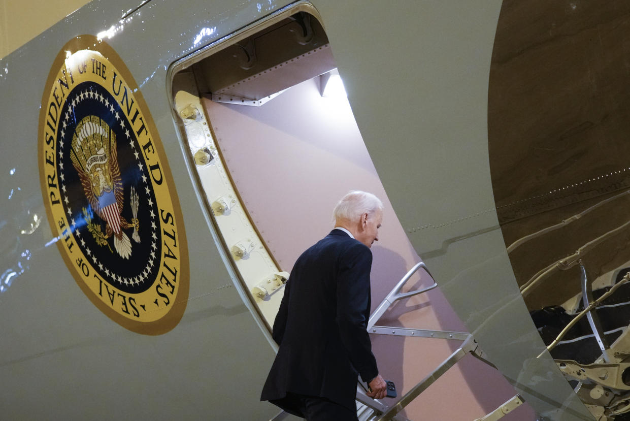 President Joe Biden walks up the steps of Air Force One at Marine Corps Air Station Iwakuni in Iwakuni, Japan, Sunday, May 21, 2023. Biden is heading back to Washington after attending the G7 Summit in Hiroshima, Japan. (AP Photo/Susan Walsh)