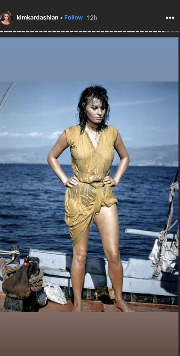 Is Kim's look a homage to Sophia Loren's 'Boy on a Dolphin' look? [Photo: Instagram]