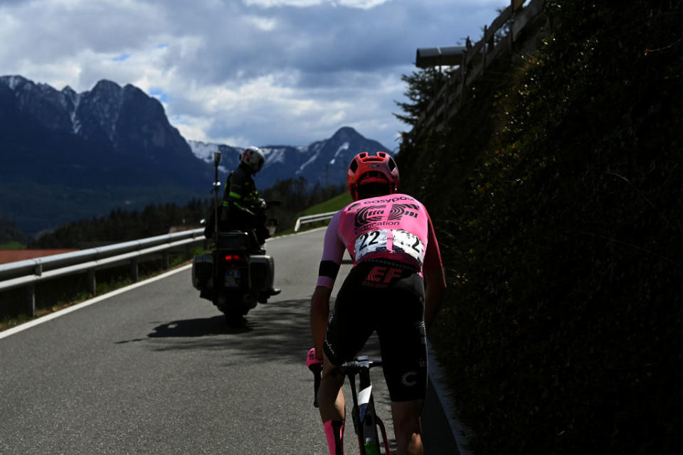 RITTEN ITALY  APRIL 18 Detailed view of Simon Carr of United Kingdom and Team EF EducationEasypost competes in the breakaway during the 46th Tour of the Alps 2023  Stage 2 a 1652km stage from Reith im Alpbachtal to Ritten 1174m on April 18 2023 in Reith im Alpbachtal Italy Photo by Tim de WaeleGetty Images