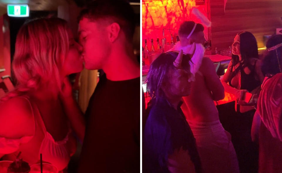 L: MAFS star Olivia Frazer and William kissing. R: Jackson Lonie talking to a brunette at the bar