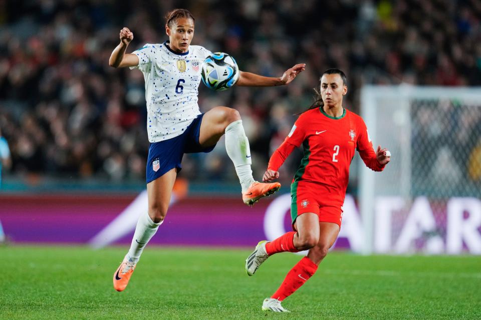 USA's Lynn Williams takes the ball as Portugal's Catarina Amado, right, watches during the Women's World Cup Group E soccer match at Eden Park in Auckland, New Zealand on Aug. 1. Prior to this year’s event, many of the sport’s most prominent figures have been voicing concern about a troubling trend: an epidemic of anterior cruciate ligament (ACL) tears.