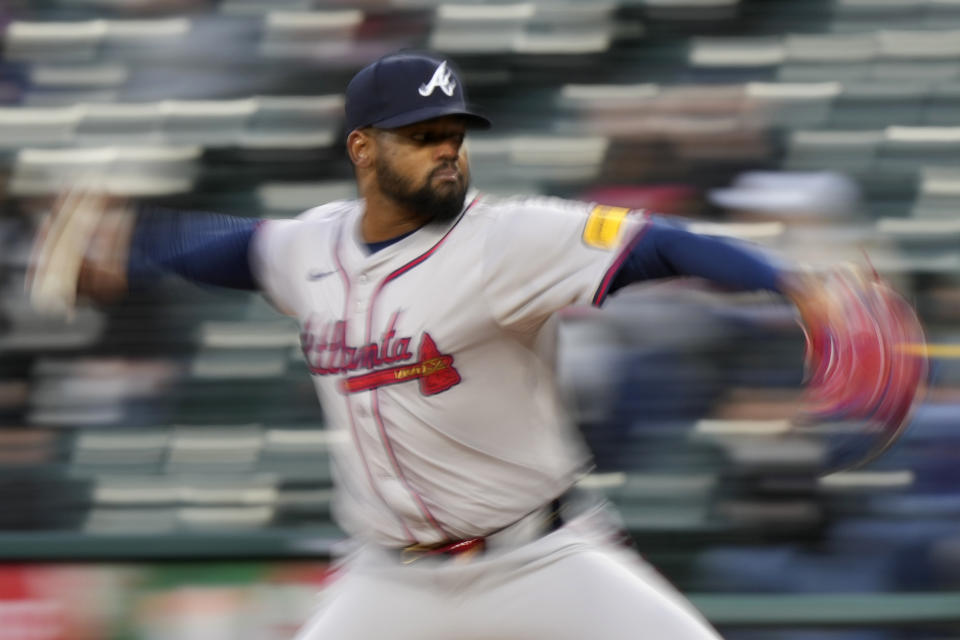 Atlanta Braves starting pitcher Reynaldo Lopez throws against the Chicago White Sox during the first inning of a baseball game in Chicago, Tuesday, April 2, 2024. (AP Photo/Nam Y. Huh)