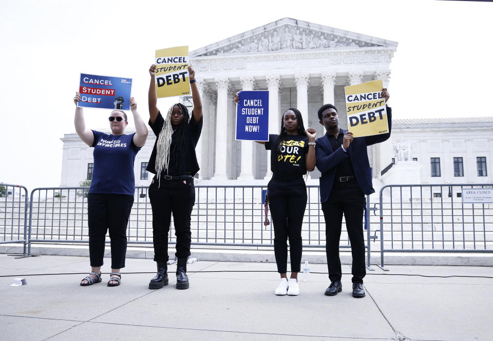 WASHINGTON, DC - JUNE 30: Student loan borrowers demand President Biden use 