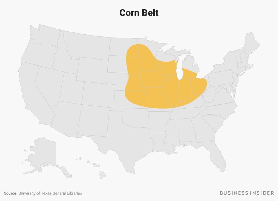 The Corn Belt region is highlighted in yellow on a US map.