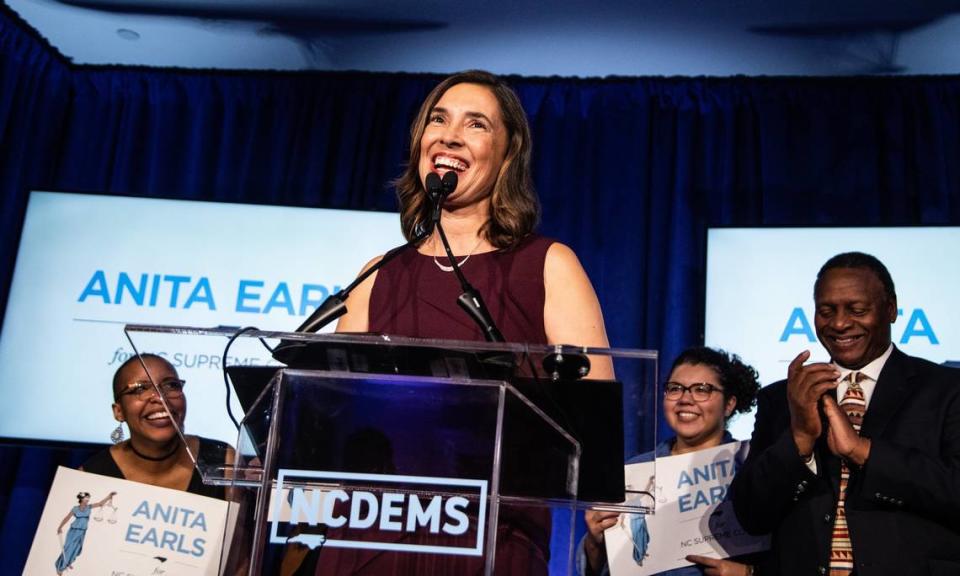 Democratic NC Supreme Court candidate Anita Earls thanks supporters while declaring victory during an election night event Tuesday, Nov. 6, 2018 at the NC Democratic Party Headquarters in Raleigh.