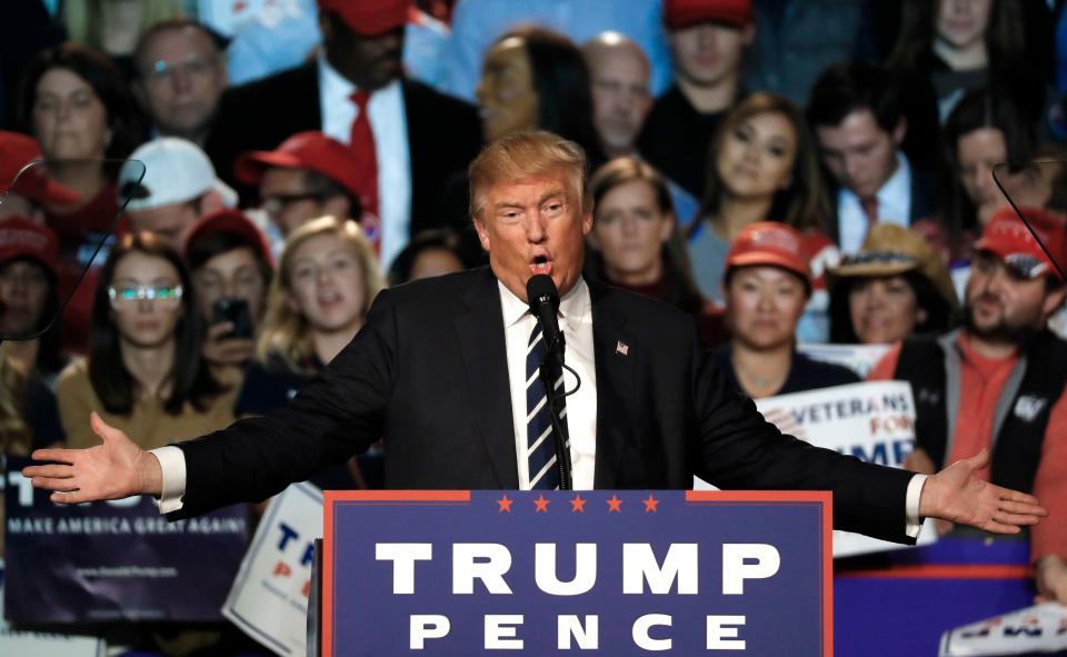 President Donald Trump speaks in Grand Rapids, Mich., during the early morning hours of Election Day, Nov. 8, 2016.