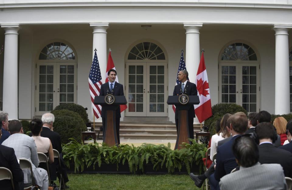 President Barack Obama and Prime Minister Justin Trudeau walk out together before their joint news conference, Thursday, March 10, 2016, in the Rose Garden of the White House in Washington. (AP Photo/Pablo Martinez Monsivais)