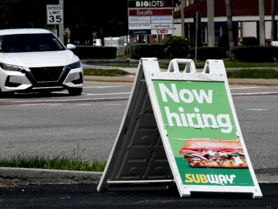 The Subway sandwich shop at West Hibiscus Boulevard and South Babcock Street in Melbourne was advertising that it had jobs available.