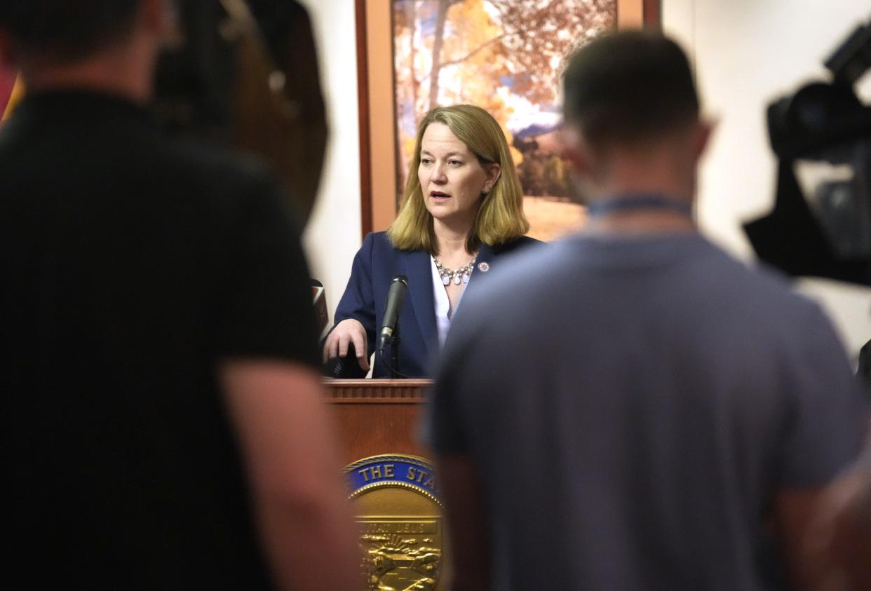 Arizona Attorney General Kris Mayes answers questions on March 7, 2023, in Phoenix.