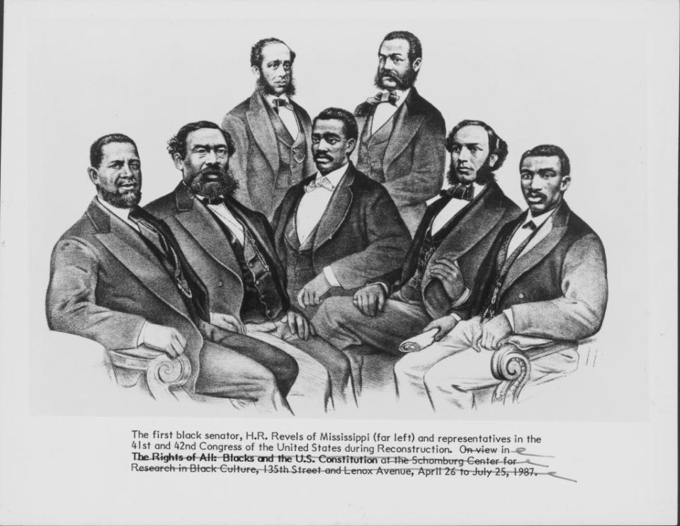 Sketched group portrait of the first black senator, H. M. Revels of Mississippi and black representatives of the US Congress during the Reconstruction Era following the American Civil War, circa 1870-1875.<span class="copyright">Archive Photos/Getty Images</span>