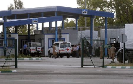 Cars of the Red Cross and trucks of a Russian convoy carrying humanitarian aid for Ukraine are seen at a Russia-Ukraine border crossing point "Donetsk" during a control check in Rostov Region, August 21, 2014. REUTERS/Alexander Demianchuk