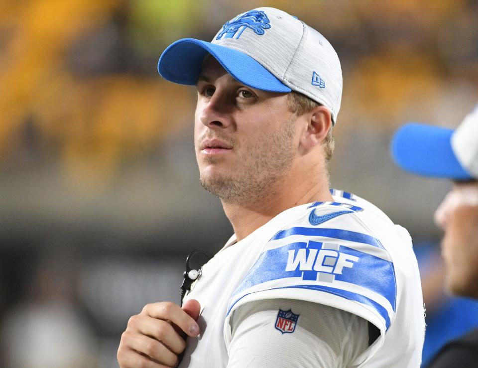 Detroit Lions quarterback Jared Goff watches the second quarter against the Pittsburgh Steelers at Heinz Field on August 21, 2021.