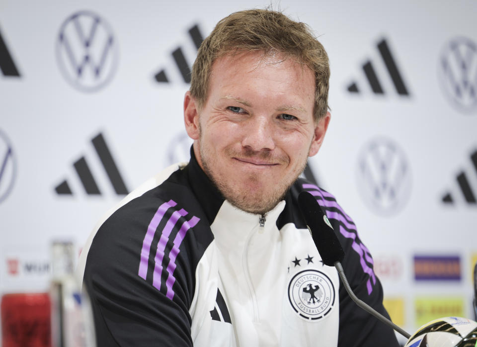 FILE - Germany's head coach Julian Nagelsmann attends a press conference of the German national soccer team in Herzogenaurach, Germany, Sunday, June 2, 2024. The unpredictability of the European Championship, which kicks off in Munich on Friday, is what makes it such compelling viewing. Even in its expanded format of 24 teams, there is always the potential for a surprise.(Christian Charisius/dpa via AP, File)