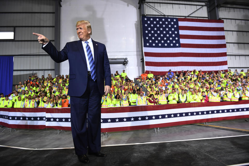 President Donald Trump arrives to speak during a visit to the Pennsylvania Shell ethylene cracker plant on Tuesday, Aug. 13, 2019 in Monaca, Pa. The facility, which critics claim will become the largest air polluter in western Pennsylvania, is being built in an area hungry for investment. (AP Photo/Susan Walsh)