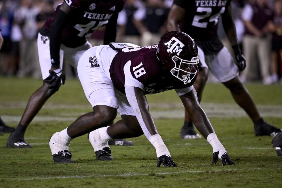 Sep 17, 2022; College Station, Texas; Texas A&M Aggies defensive lineman LT Overton (18) in action during the game between the Texas A&M Aggies and the Miami Hurricanes at Kyle Field. Jerome Miron-USA TODAY Sports