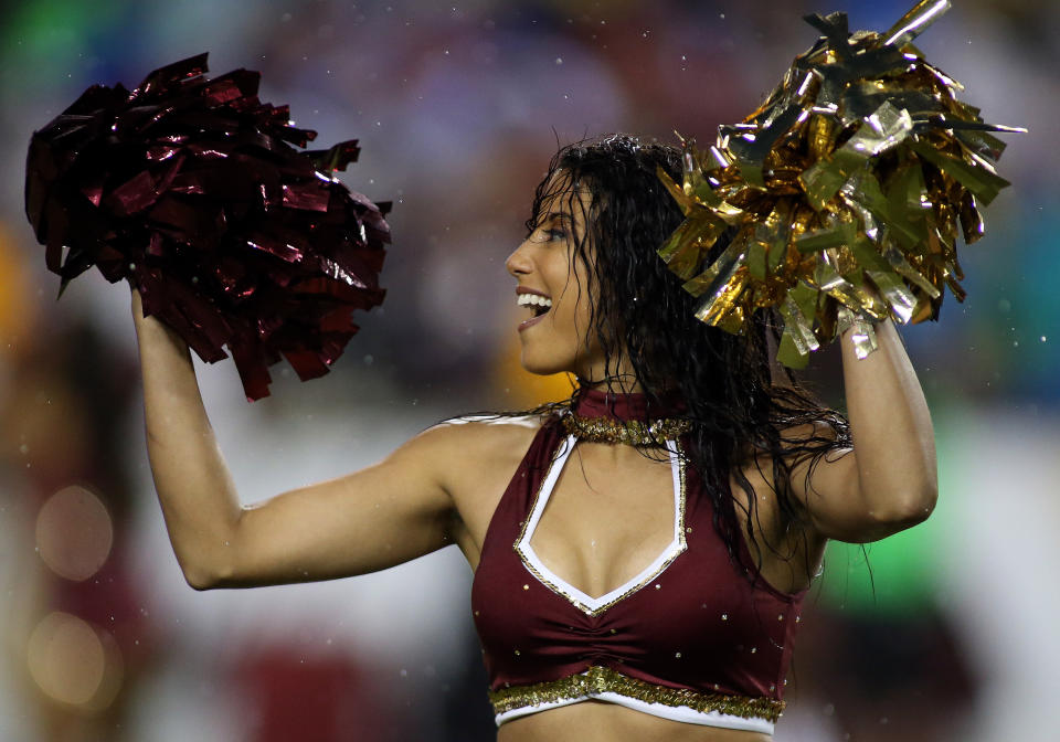 <p>Washington Redskins cheerleaders perform during a match between the Washington Redskins and the Dallas Cowboys on October 29, 2017, at FedExField in Landover, Maryland . (Photo by Daniel Kucin Jr./Icon Sportswire via Getty Images) </p>