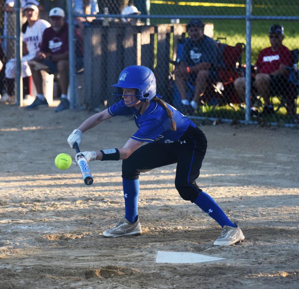 Cypress Erickson had two hits to help give Collins-Maxwell hope in its 4-2 loss to Newman Catholic during the 1A regional softball finals Monday in Collins.