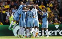 Britain Football Soccer - Watford v Manchester City - Premier League - Vicarage Road - 21/5/17 Manchester City's Vincent Kompany celebrates scoring their first goal with team mates Reuters / Stefan Wermuth Livepic
