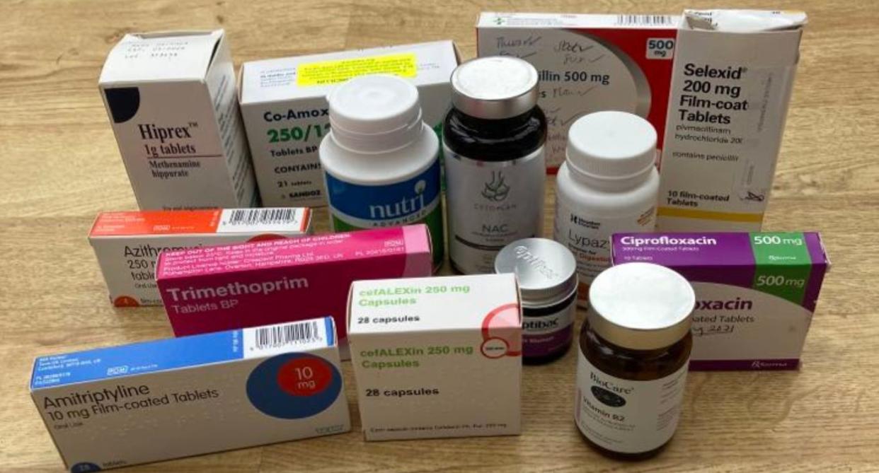 The drugs and Supplements Caroline has taken as a result of her chronic UTI. (Supplied)