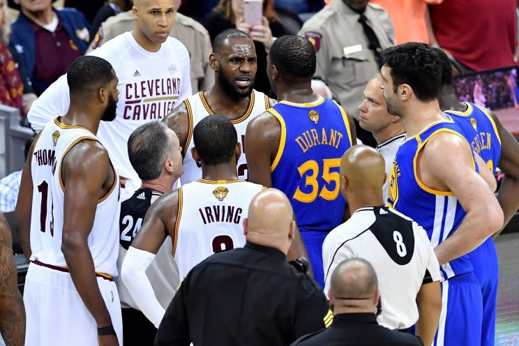 Kevin Durant and LeBron James were just talking during Game 4 of the NBA Finals. (Getty)