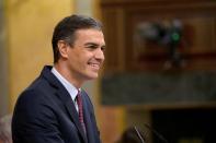 Spanish Prime Minister Pedro Sanchez delivers his speech during a no confidence motion at Parliament in Madrid