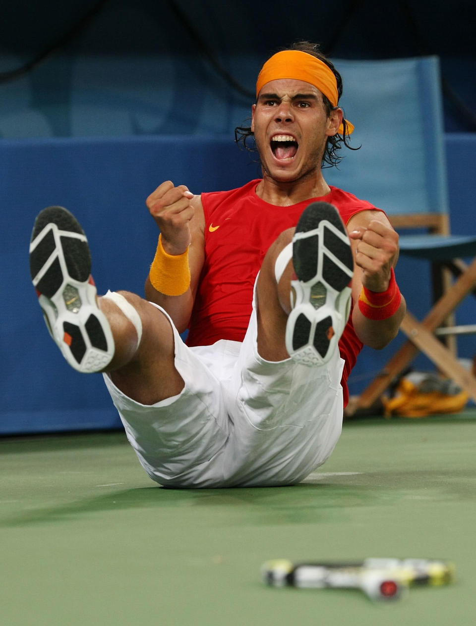 BEIJING - AUGUST 15: Rafael Nadal of Spain celebrates after defeating Novak Djokovic of Serbia in the men's semifinal tennis match at the Olympic Green Tennis Center on Day 7 of the Beijing 2008 Olympic Games on August 15, 2008 in Beijing, China. (Photo by Nick Laham/Getty Images)