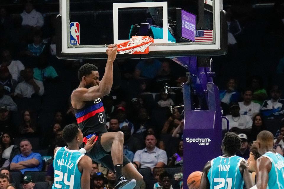 Detroit Pistons center Jalen Duren (0) makes a dunk against the Charlotte Hornets during the second quarter at the Spectrum Center in Charlotte, North Carolina, on Friday, Oct. 27, 2023.