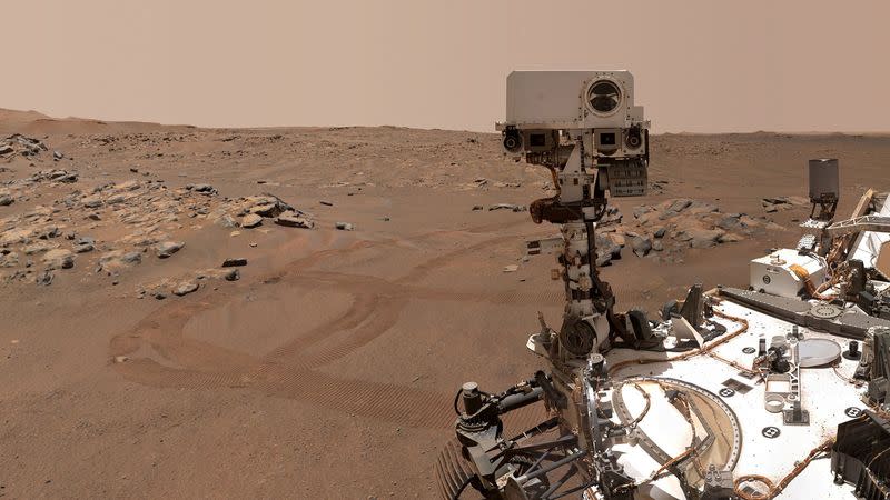 NASA’s Perseverance Mars rover is seen in a "selfie" that it took over a rock nicknamed "Rochette\