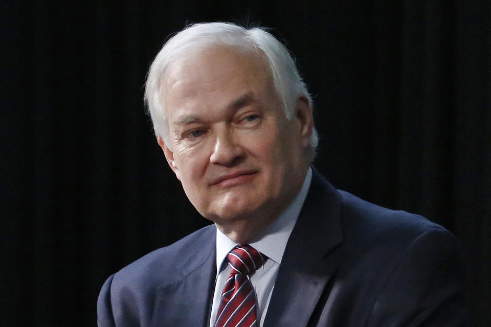 FILE - In this Jan. 24, 2015, file photo, NHL Players' Association Executive Director Donald Fehr listens during a press conference in Columbus, Ohio. Like the NBA, the NHL is going forward with a season without a bubble. Commissioner Gary Bettman, Players' Association executive director Don Fehr and other top officials explain how hockey got to this point with a CBA that may have only staved off headaches and playing in mostly empty home arenas to start. (AP Photo/Gene J. Puskar, File)