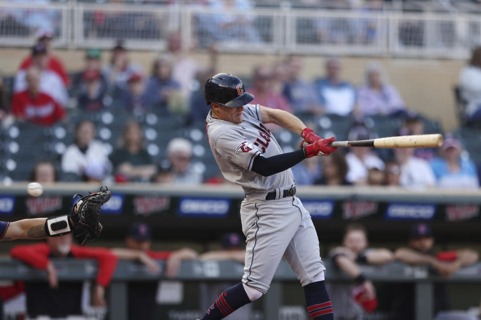 Cleveland Guardians' Myles Straw strikes out during the first inning of the team's baseball game against the Minnesota Twins, Saturday, May 14, 2022, in Minneapolis. (AP Photo/Stacy Bengs)