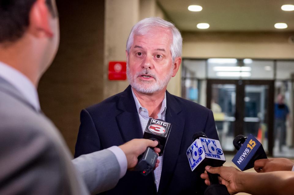 Attorney Gary Mcgoffin speaking with media after Lafayette City Marshal Brian Pope was found guilty Wednesday evening on one count of perjury and three counts of malfeasance in office. . Wednesday, Oct. 3, 2018.