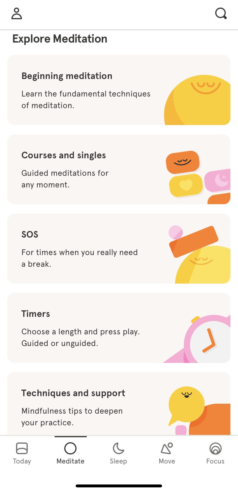 five panels with different mindfulness activities in a screenshot of the meditation app Headspace