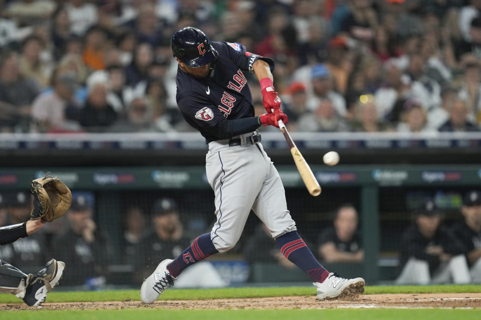 Cleveland Guardians' Tyler Freeman hits a three-run home run against the Detroit Tigers in the third inning of a baseball game, Friday, Sept. 29, 2023, in Detroit. (AP Photo/Paul Sancya)