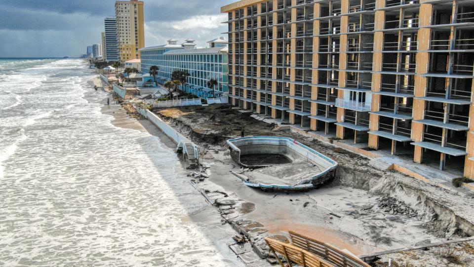 The seawall, pool and deck at what used to be the LaPlaya Resort and Suites at 2500 N. Atlantic Ave. sustained heavy damage from Tropical Storms Ian and Nicole this fall. The oceanfront hotel was already undergoing a major overhaul when the storms hit.