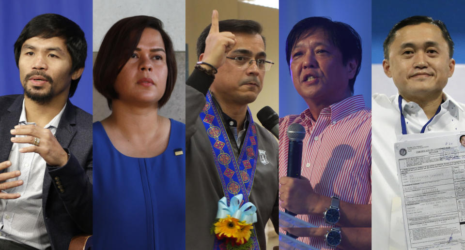 (From left to right) Senator Manny Pacquiao, Davao City Mayor Sara Duterte-Carpio, City of Manila Mayor Isko Moreno, Bongbong Marcos and Senator Bong Go. (Source: Yahoo Philippines)