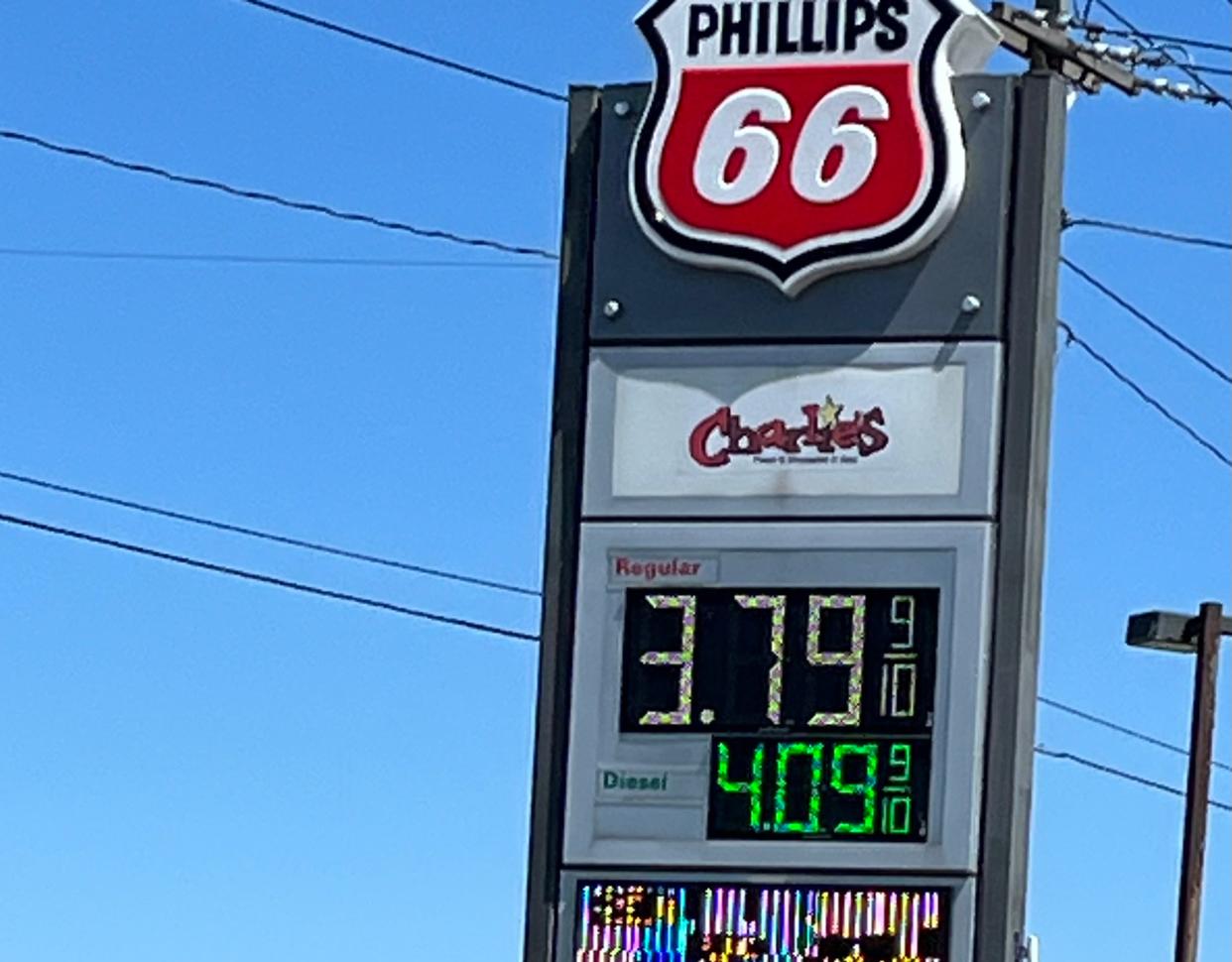 Pump prices Friday afternoon at Charlies Phillips 66 in Granger. Though prices recently jumped, they should be nearing the peak for the year.