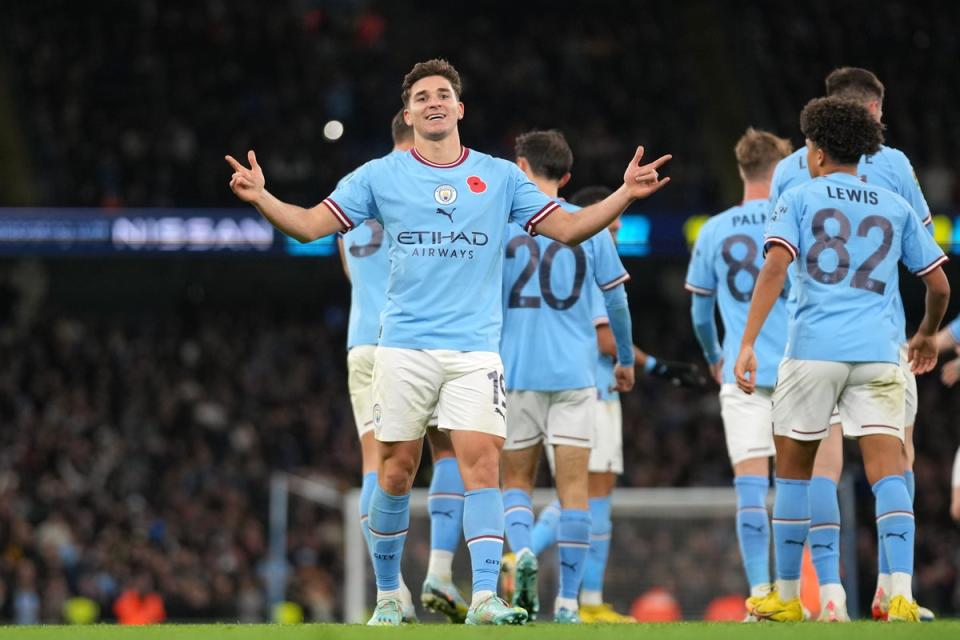 Julian Alvarez celebrates scoring City’s second goal (Manchester City FC via Getty Ima)