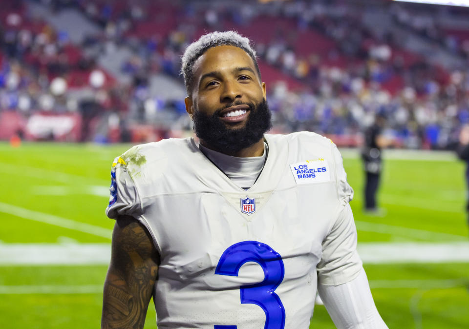 Dec 13, 2021; Glendale, Arizona, USA; Los Angeles Rams wide receiver Odell Beckham Jr. (3) against the Arizona Cardinals at State Farm Stadium. Mandatory Credit: Mark J. Rebilas-USA TODAY Sports