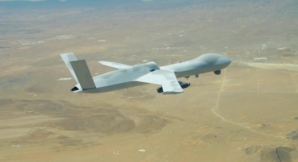 A General Atomics Avenger drone carrying a <u>Lockheed Martin Legion</u> infrared search and track pod during a flight test, <em>GA-ASI</em>