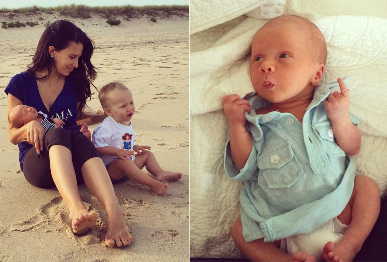 Hilaria Baldwin wasted no time before showing off the newest Baldwin family member! The 30-year-old yoga instructor took pictures with her daughter Carmen and newborn son Rafael on the beach (l.) and shared this adorable snap of him at only 3 weeks old. "If Zoolander were a yogi #Om #Namaste...happy 3 weeks Rafa" she wrote to Instagram on July 8, 2015.