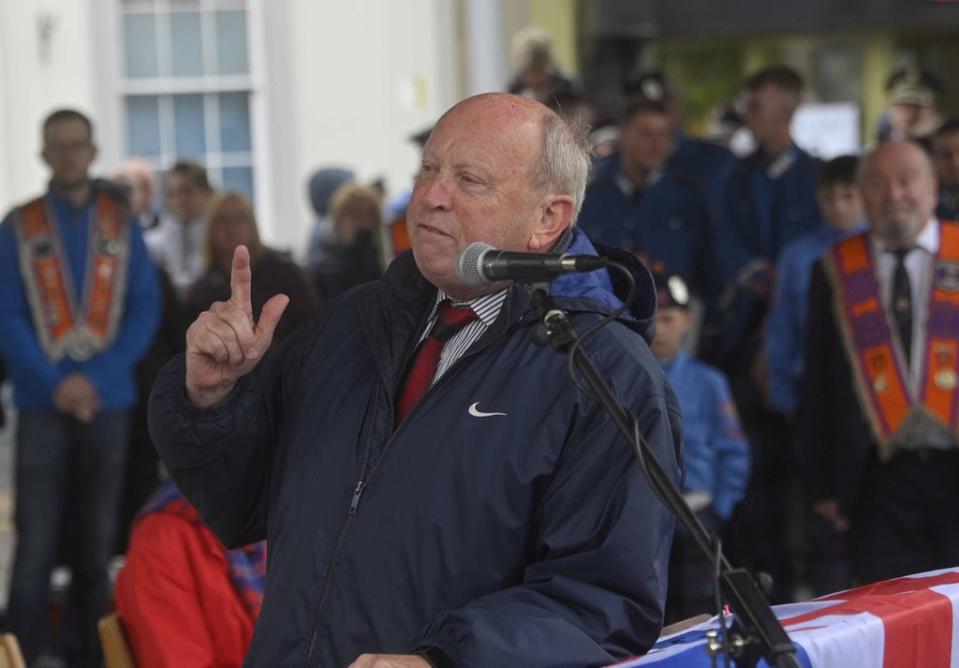 Jim Allister, of the TUV, speaks during a anti-Northern Ireland Protocol rally in Ballymena (Mark Marlow/PA) (PA Wire)