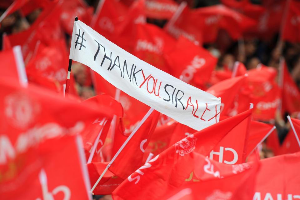 A banner in the stands thanking outgoing manager Sir Alex Ferguson 