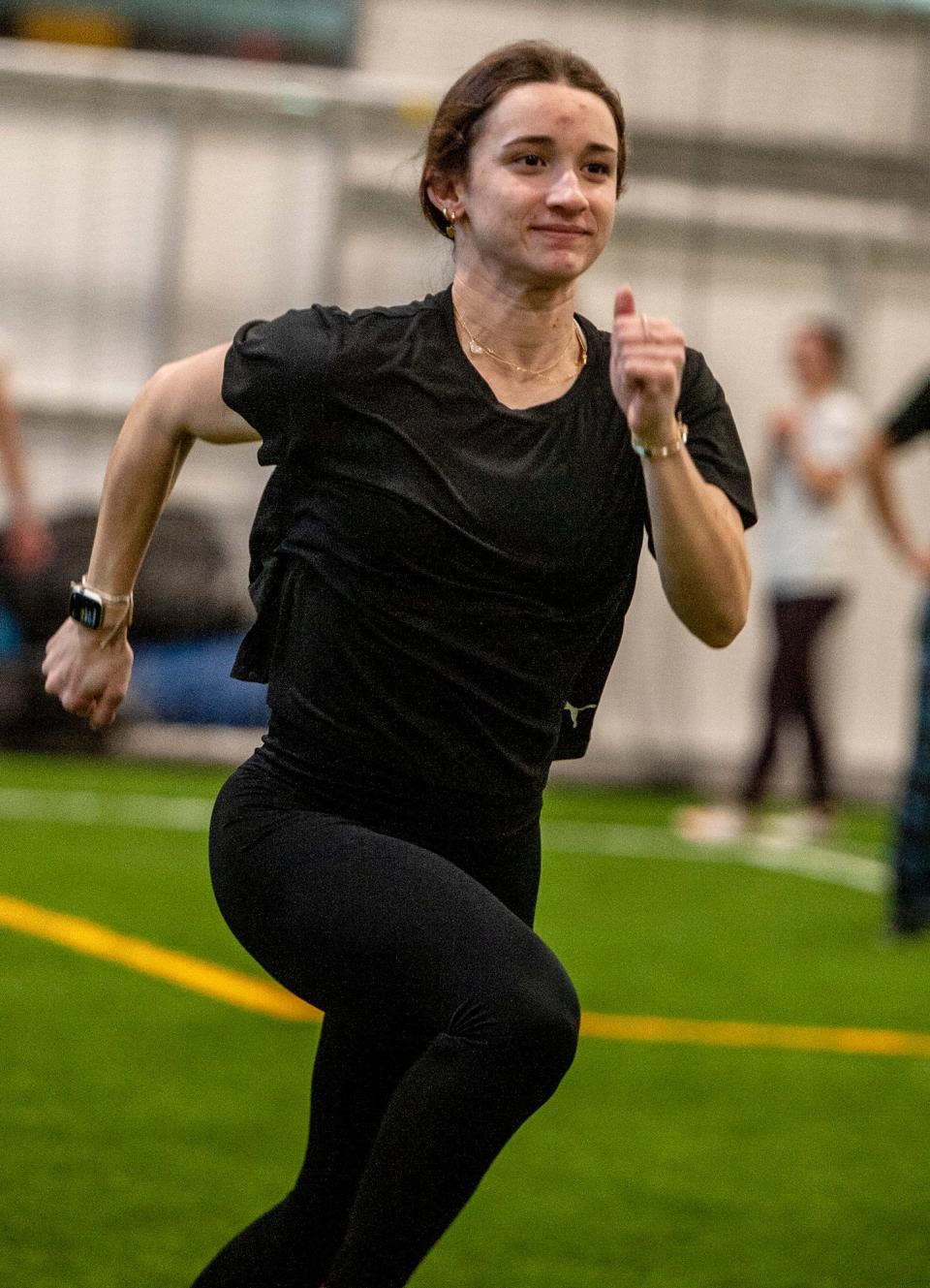 Framingham High School senior Abby Desmarais at practice at Fore Kicks II in Marlborough, Feb. 19, 2024.