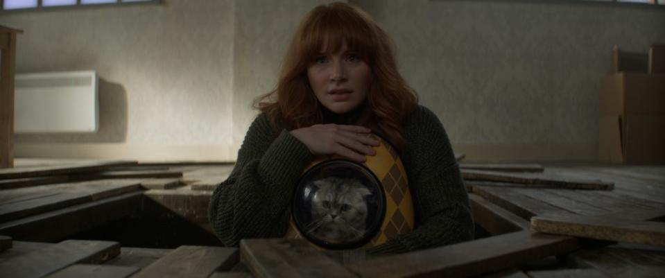 Elly Conway (Bryce Dallas Howard) and Alfie the Cat (Chip) in Argylle, directed by Matthew Vaughn.