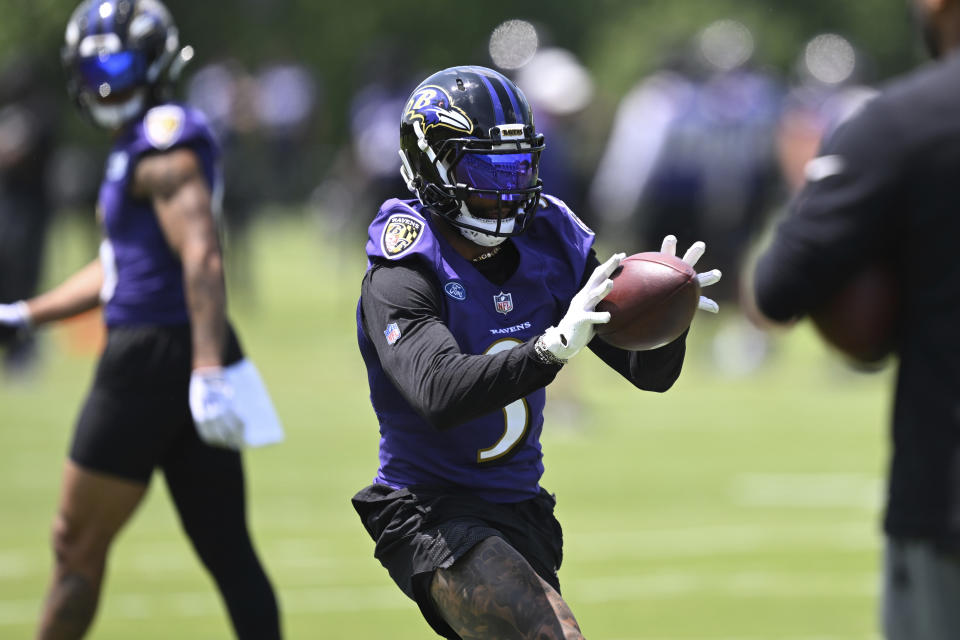 Baltimore Ravens wide receiver Odell Beckham Jr. runs a drill during NFL football practice Tuesday, June 13, 2023, in Owings Mills, Md. (AP Photo/Gail Burton)